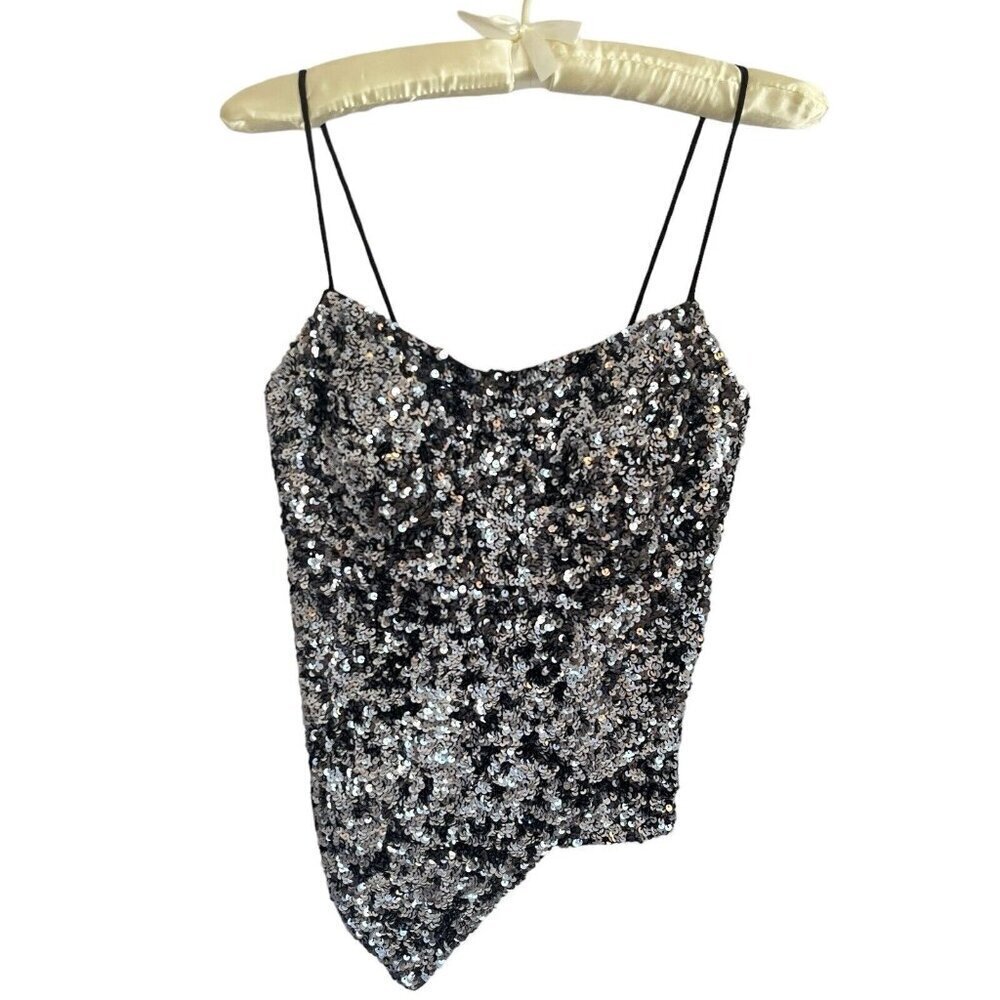 Vtg Y2k Cache Sequin Camisole Cami S Metallic Sil… - image 6